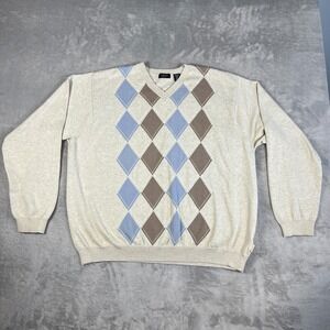 Izod Golf Argyle Pullover Sweater Mens XXL Neutral/Blu/Grn Preppy Old Money
